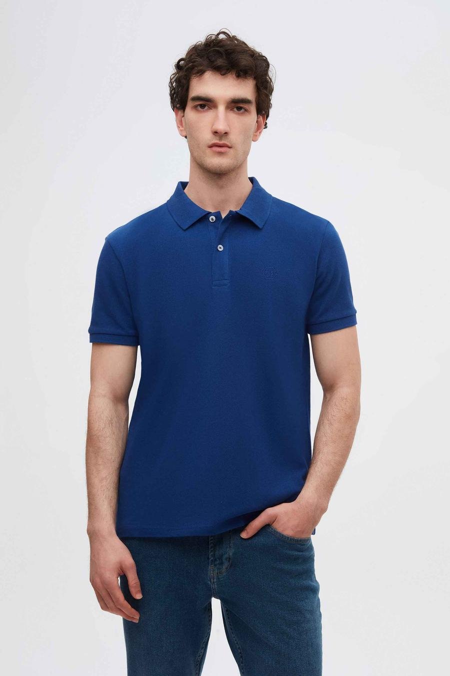 Ds Damat Regular Fit Saks Mavi %100 Pamuk Polo Yaka Nakışlı T-Shirt - 8682060786579 | D'S Damat