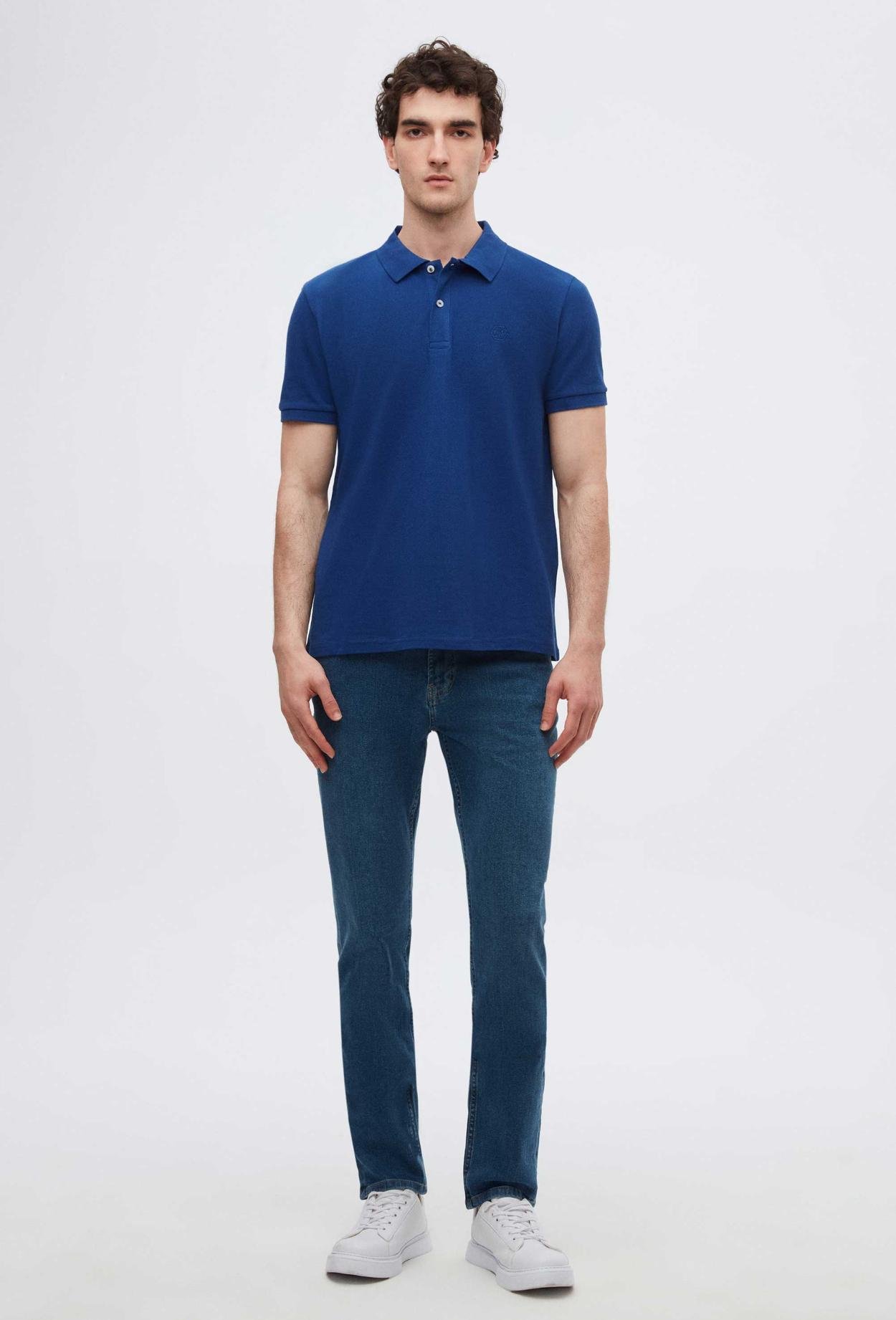 Ds Damat Regular Fit Saks Mavi %100 Pamuk Polo Yaka Nakışlı T-Shirt