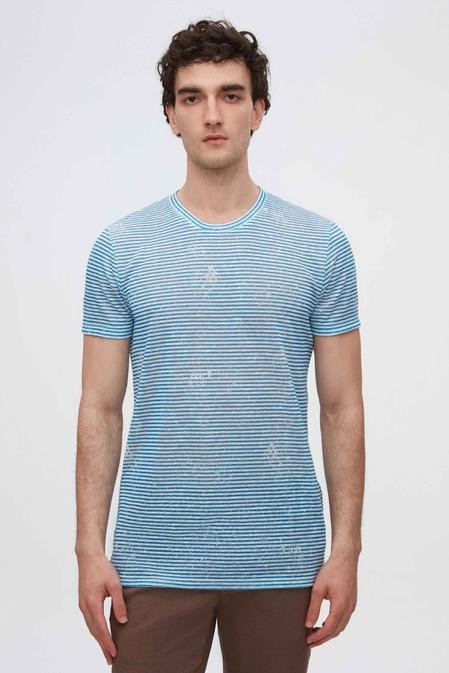 Twn Slim Fit Saks Mavi Çizgi Baskılı T-Shirt - 8683925125335 | D'S Damat