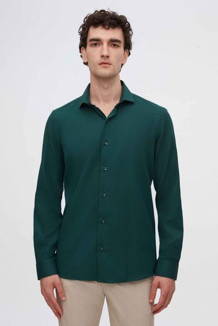Ds Damat Slim Fit Koyu Yeşil İtalyan Yaka Armürlü Gömlek - 8683578031151 | D'S Damat