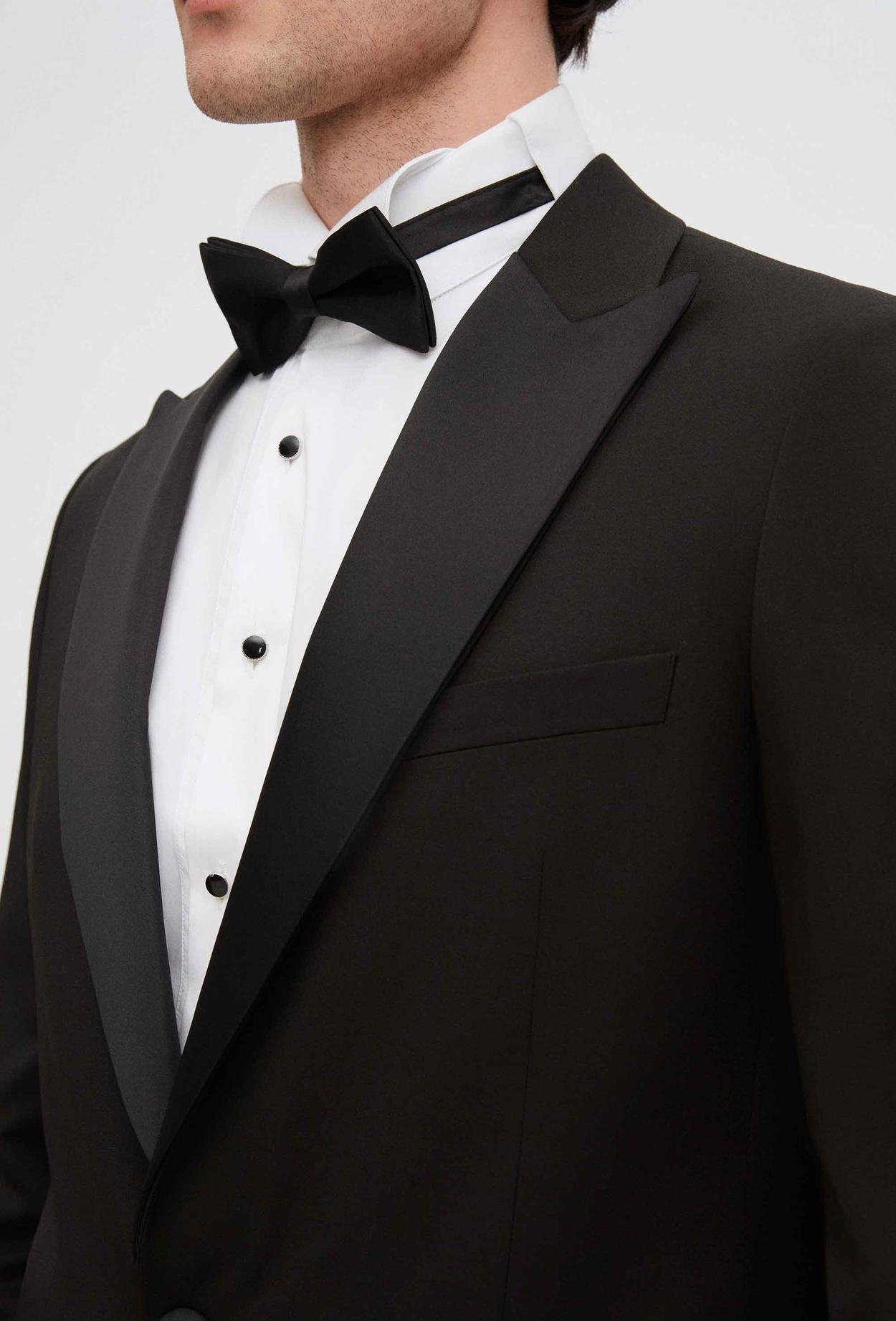 Twn Slim Fit Siyah Krep Desen Çıkma Yaka Damatlık & Smokin Takim Elbise