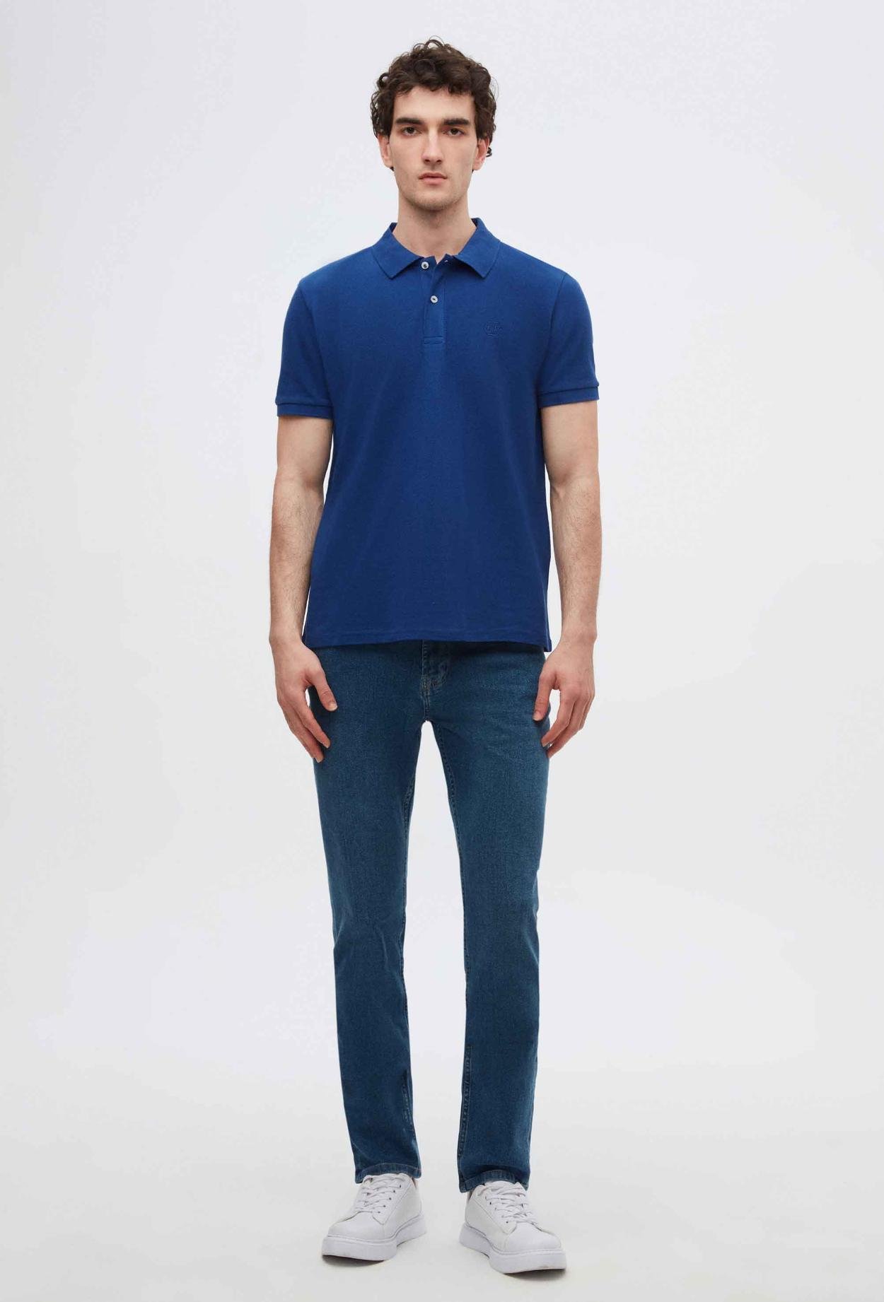 Ds Damat Regular Fit Saks Mavi %100 Pamuk Polo Yaka Nakışlı T-Shirt