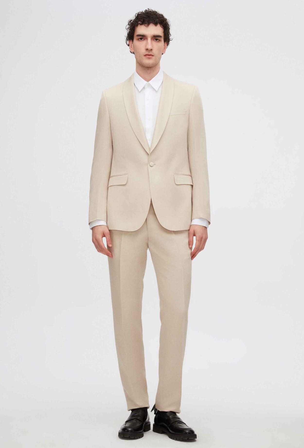 Twn Slim Fit Bej Düz Keten-Tencel™ Damatlık & Smokin Takim Elbise