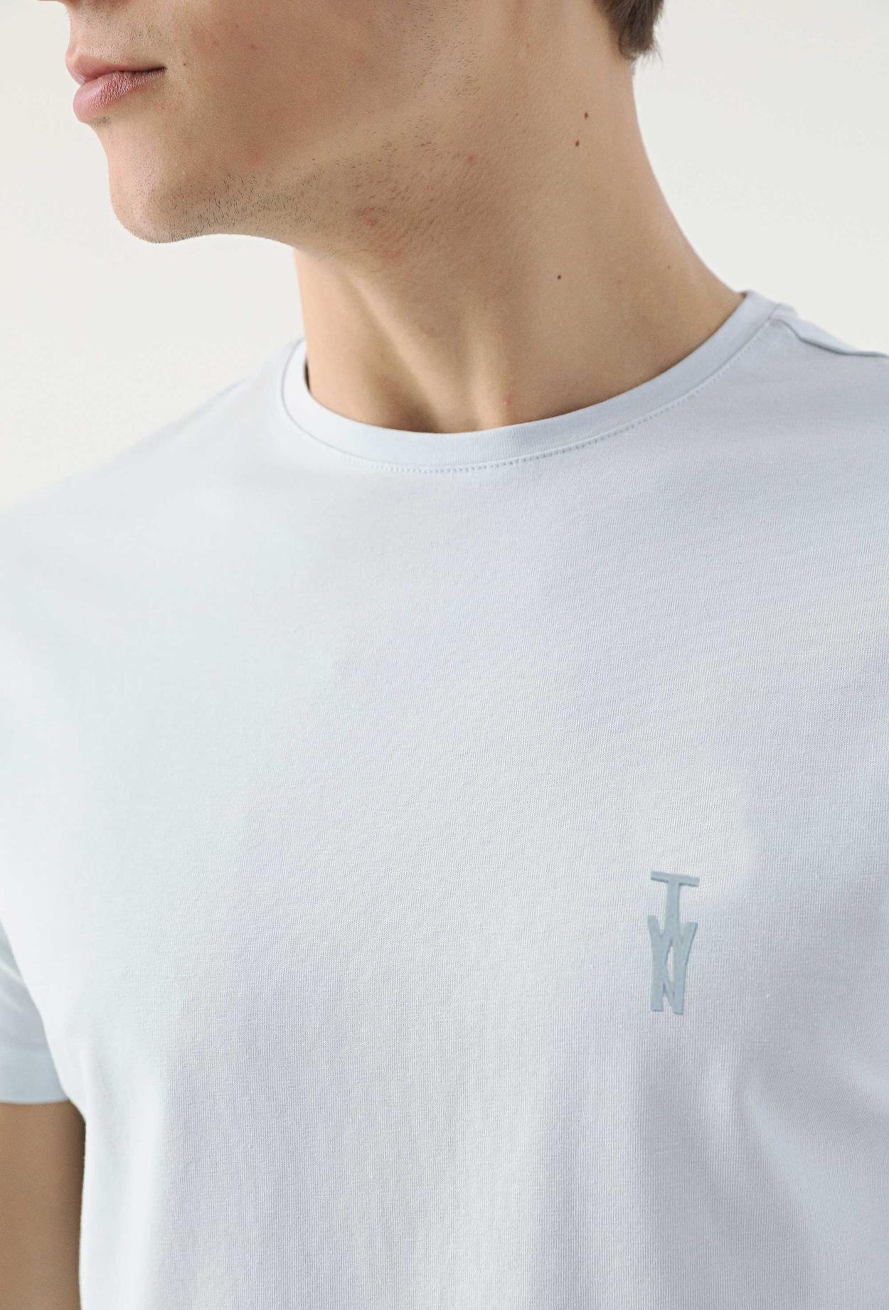 Twn Slim Fit Mavi Düz Örgü Twn Logo Baskılı Strech Pamuklu T-Shirt
