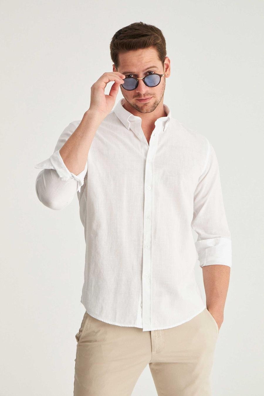 Ds Damat Slim Fit Beyaz Keten Görünümlü Gömlek - 8683578000607 | D'S Damat