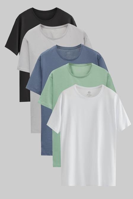 Ds Damat Slim Fit Antrasit/Gri/Füme/Yeşil/Beyaz 5'Li T-Shirt - 8683578035715 | D'S Damat