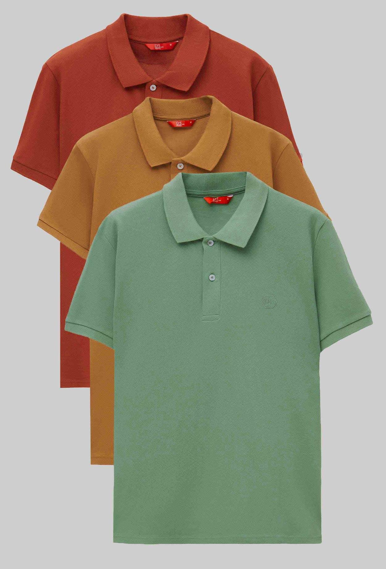Ds Damat Regular Fit Kiremit/Tütün/Açık Yeşil Pike Dokulu %100 Pamuk Polo Yaka T-Shirt